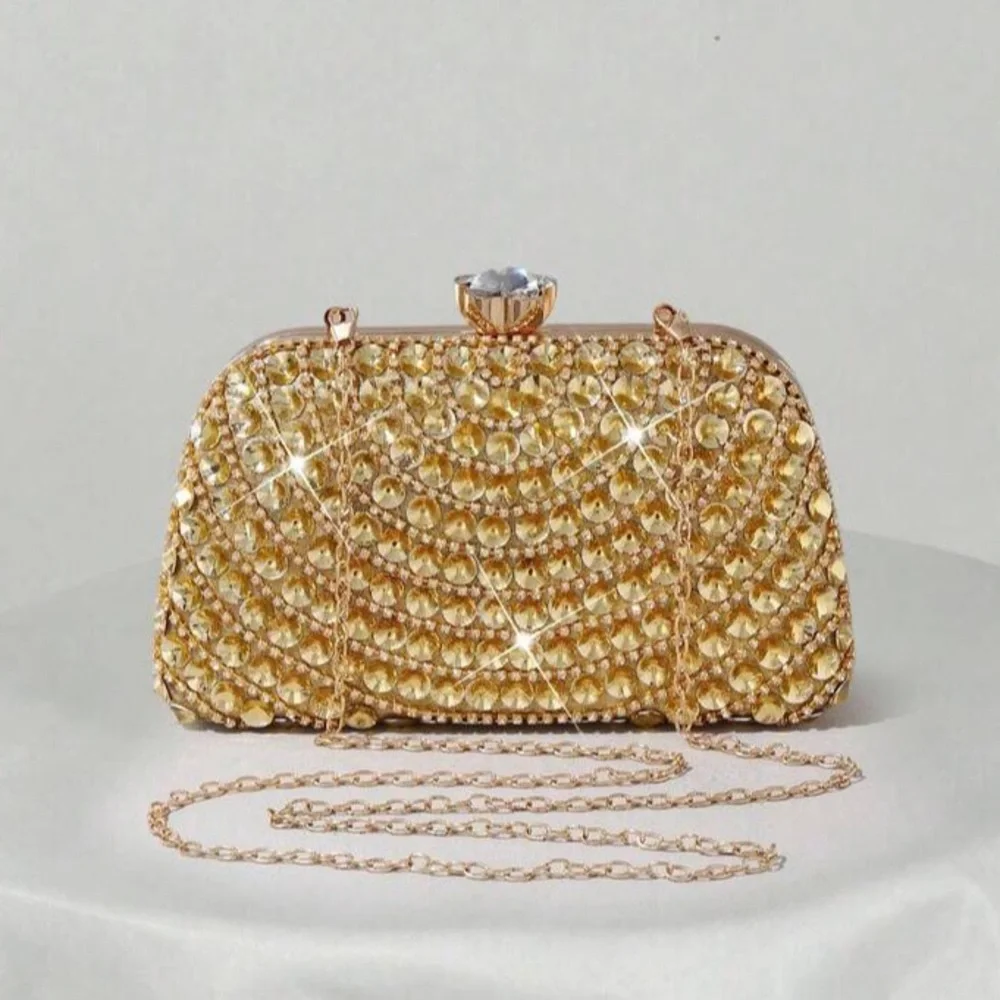 Glamorous Gold Crystal Evening Clutch with Top Handle